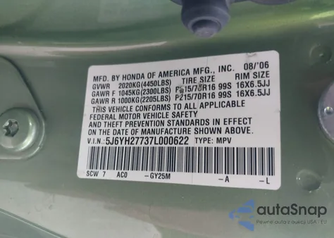 2007 Honda Element Ex z USA, uszkodzony, nr VIN 5J6YH27737L000622
